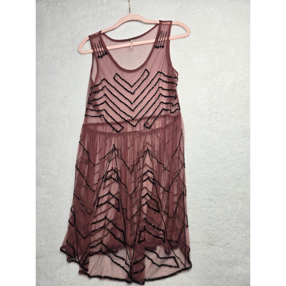 Free People Mauve Mesh Beaded Chevron Drop Waist Sleeveless Mini Dress Small - Picture 7 of 11